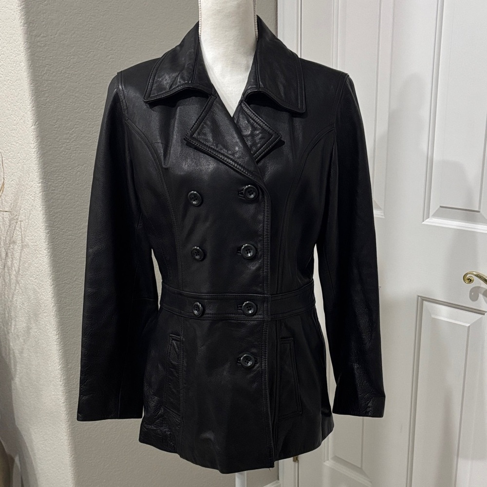 Vintage Guess Double Breasted Black Leather Jacket Size Large